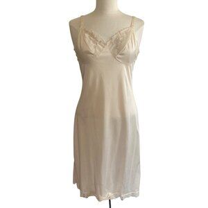 Vintage Fashion Fit Full Slip Dress Beige Size 36 Floral Lace Nylon Sheer